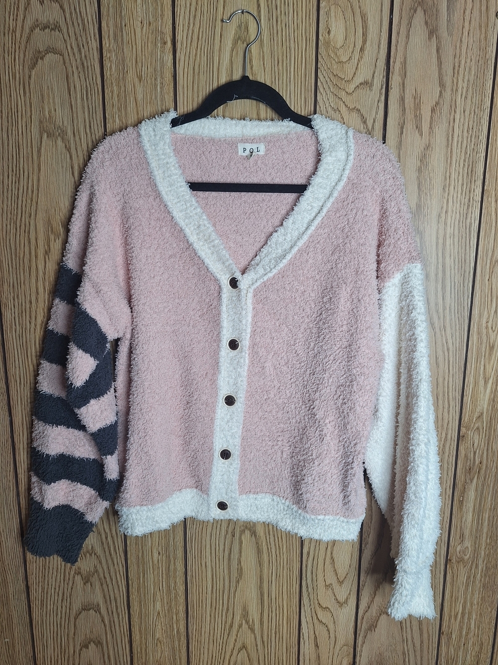 POL Pink and Cream Button-Front Cardigan with Striped Sleeve Size Small